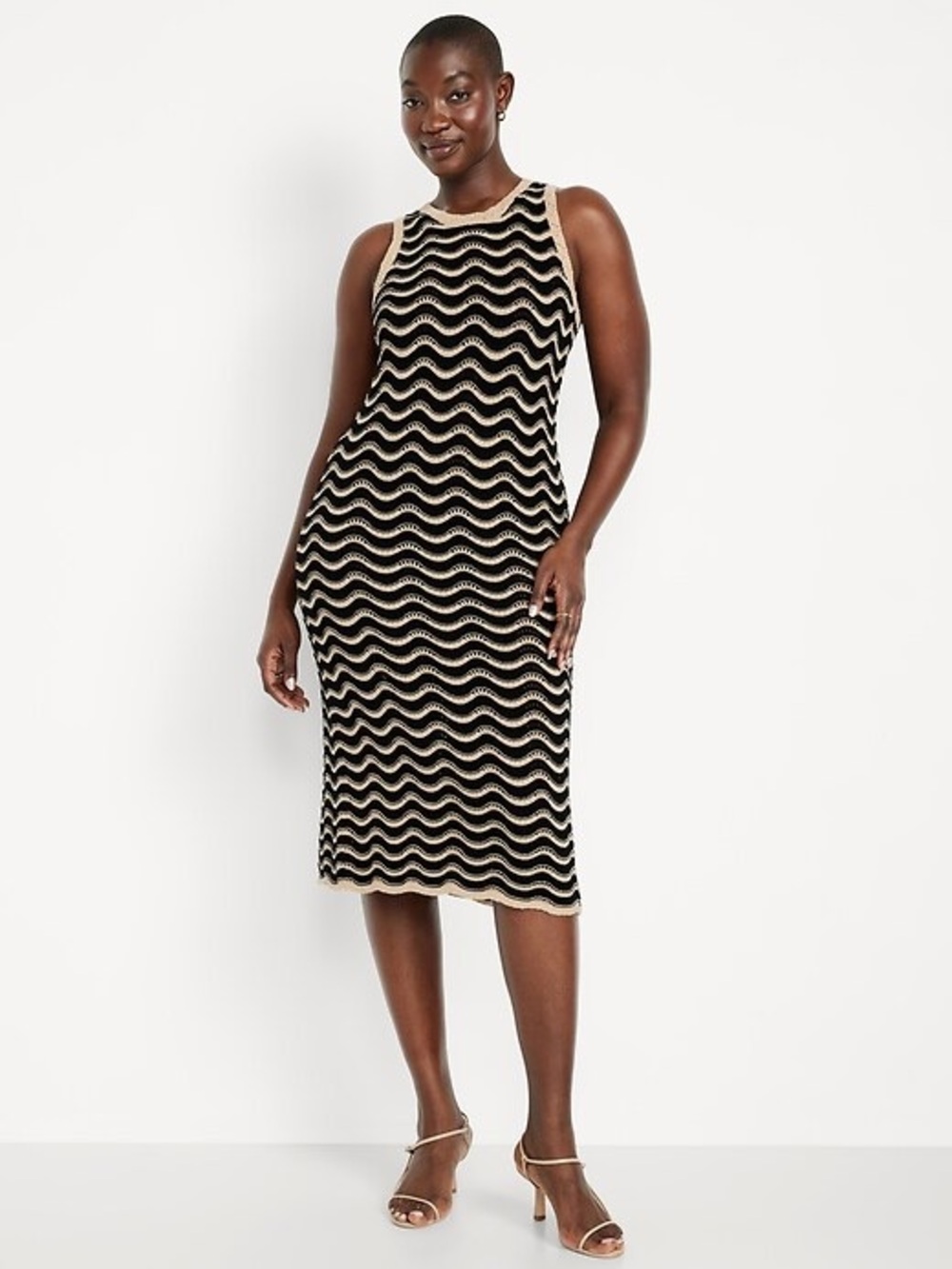 Old Navy Sleeveless Black and Tan Zigzag Pointelle-Knit Midi Dress Size XXL